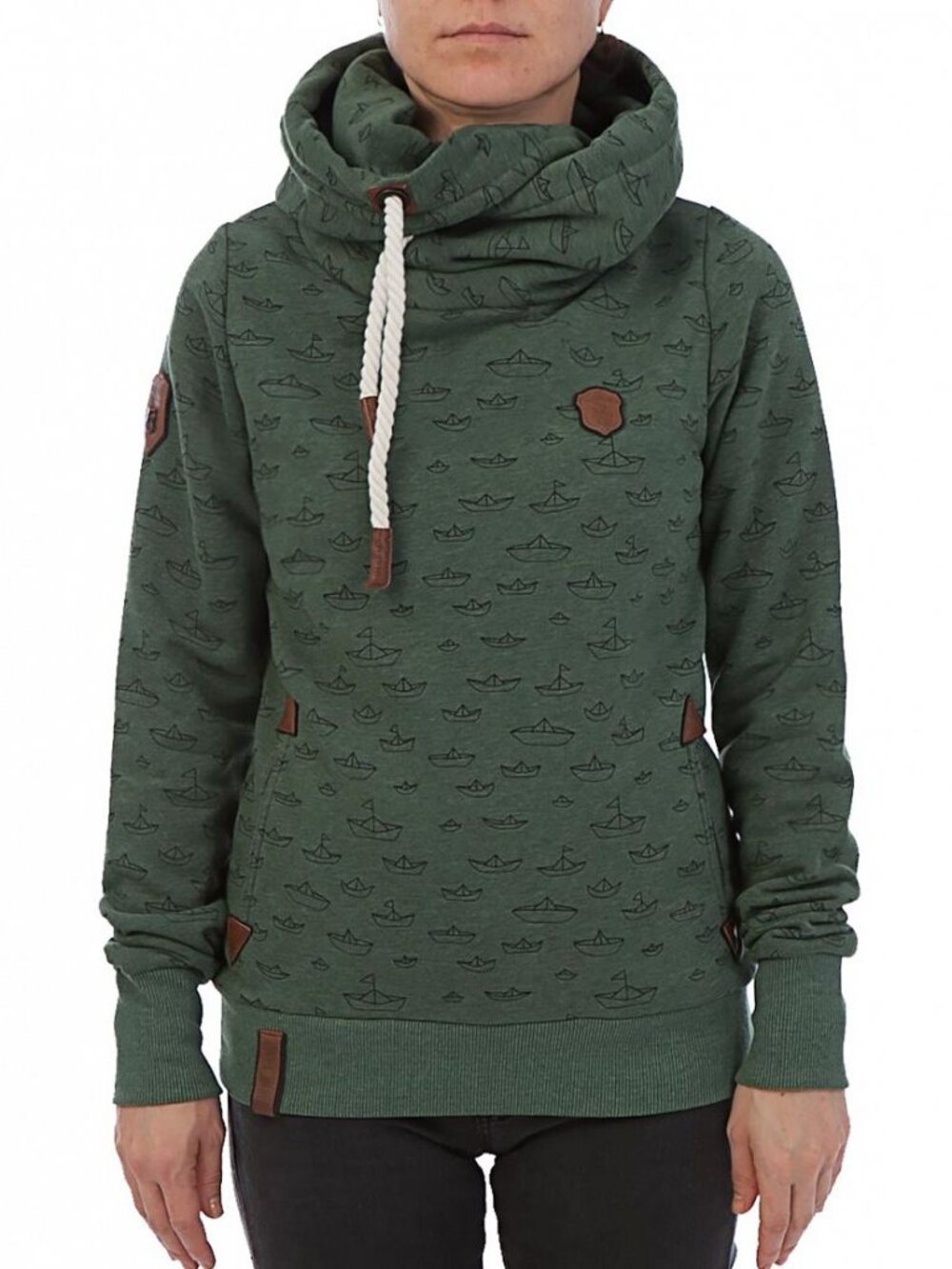 Naketano Women's Green Boat Print Hoodie Sweatshirt Size Large